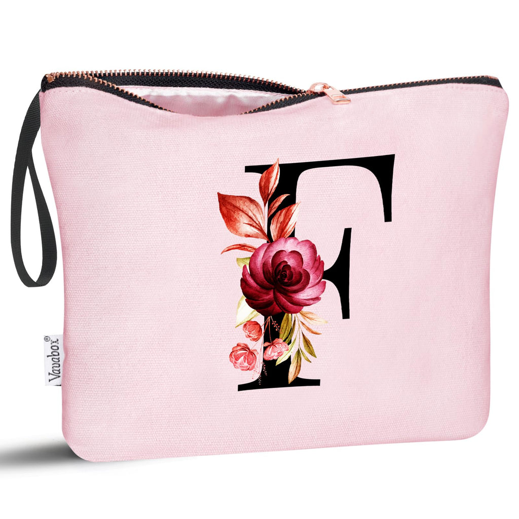 Vavabox A-Z Personalized Makeup Bag, Birthday Gifts for Women Mom, Gifts for Best Friend, Bride Bridesmaid Cosmetic bag (F, 06-Pink)