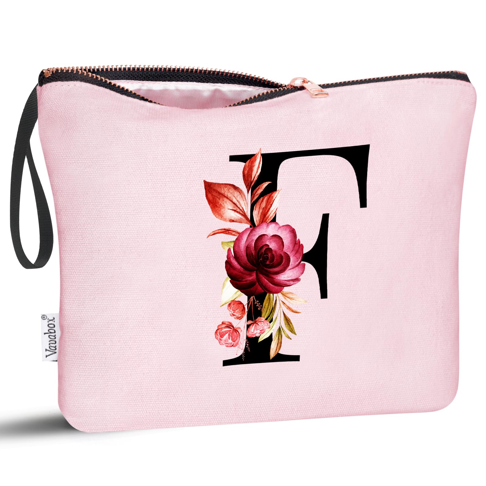 Vavabox A-Z Personalized Makeup Bag, Birthday Gifts for Women Mom, Gifts for Best Friend, Bride Bridesmaid Cosmetic bag (F, 06-Pink)
