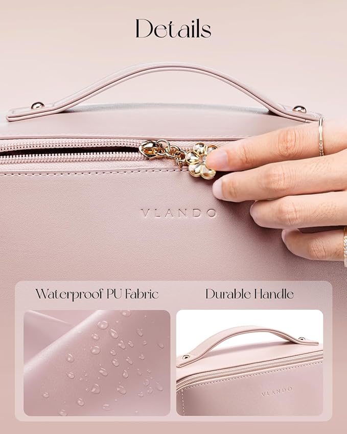 VLANDO Makeup Bag for Women with Open Flat Layout,Zipped TPU Pocket,Pink