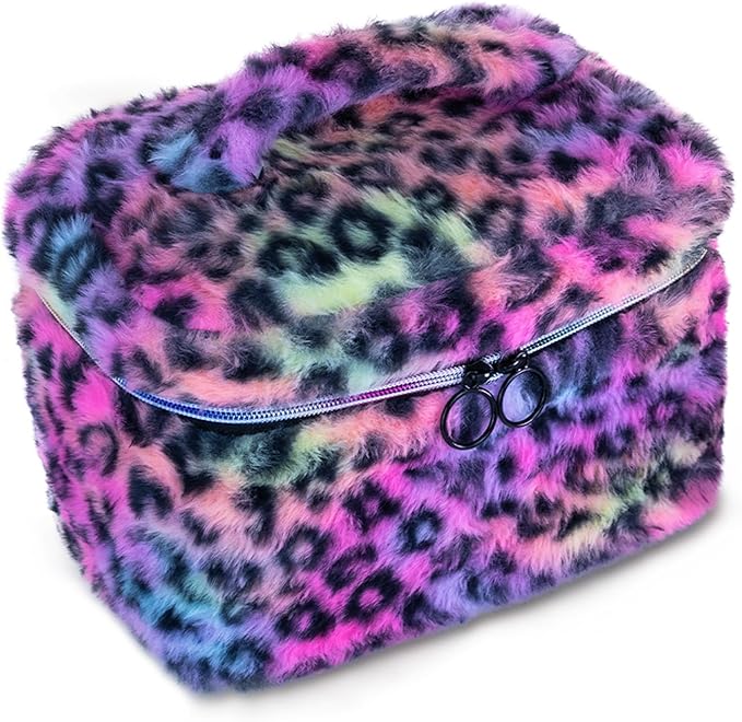 imerelez Plush Makeup Bag for Women, Leopard Print Faux Fur Travel Cosmetic Organizer, 10.2 x 7 x 7 in Soft Fluffy Toiletry Bag for Makeup, Skincare and Beauty Essentials (Rainbow Leopard)