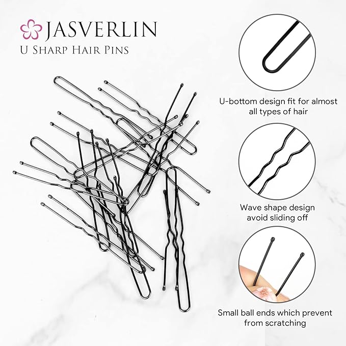 JASVERLIN U Shaped Bobby Pins for Thick Bun Hairstyle, Ballet Hairpins for Women Girl Large Bunheads 2.4in 100pcs (Black)