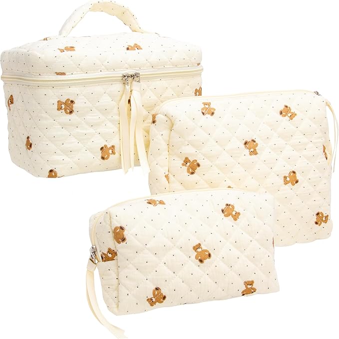 3 Piece Quilted Makeup Bag Set for Women,Cosmetic&Toiletry Bag,Gauze Bear