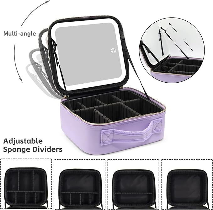 Jadazror Travel Makeup Bag with Lighted Mirror, Makeup Organizer Bag with 3 Color Modes Adjustable Brightness, Makeup Bag with Mirror and Lights Portable Cosmetic Bag Tools Accessories Gift (Purple)