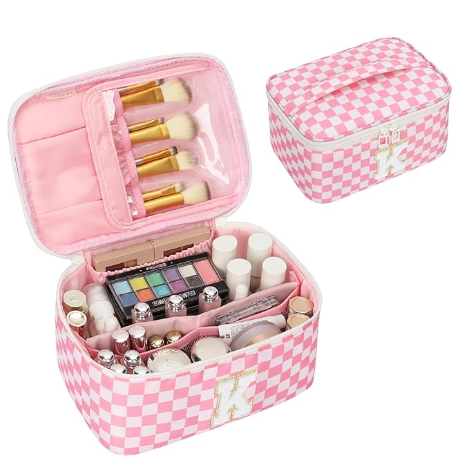 OCHEAL Makeup Bag for Women, Monogram Cosmetic Bag Pink Travel Makeup Case Beauty Toiletry Bag Organizer Personalized Gifts for Girls Bridesmaid, Sister, Wife, Friends Initial K