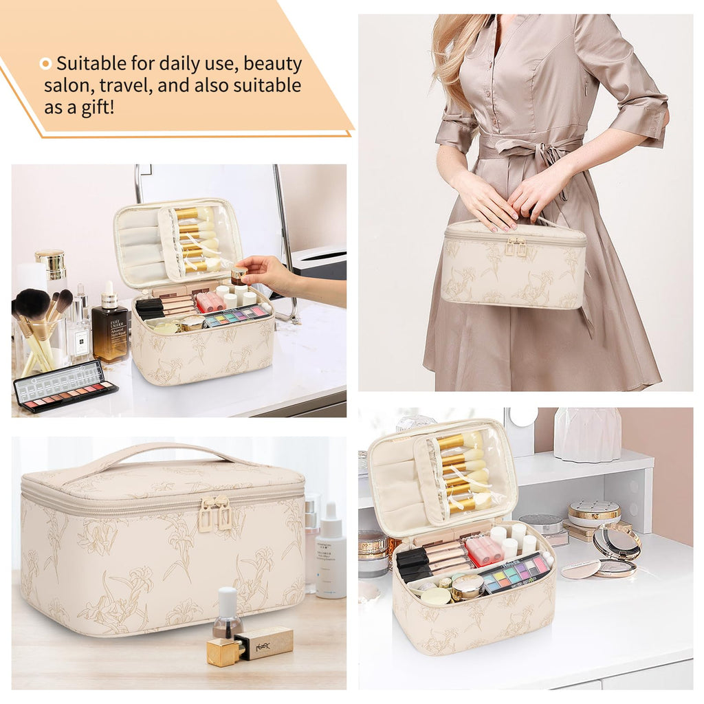 OCHEAL Makeup Bag for Women - Travel Cosmetic Organizer with Brush Slot & Divider, Large Capacity Toiletry Bag for Girls, Travel Makeup Case for everyday Make up Accessories -Beige floral