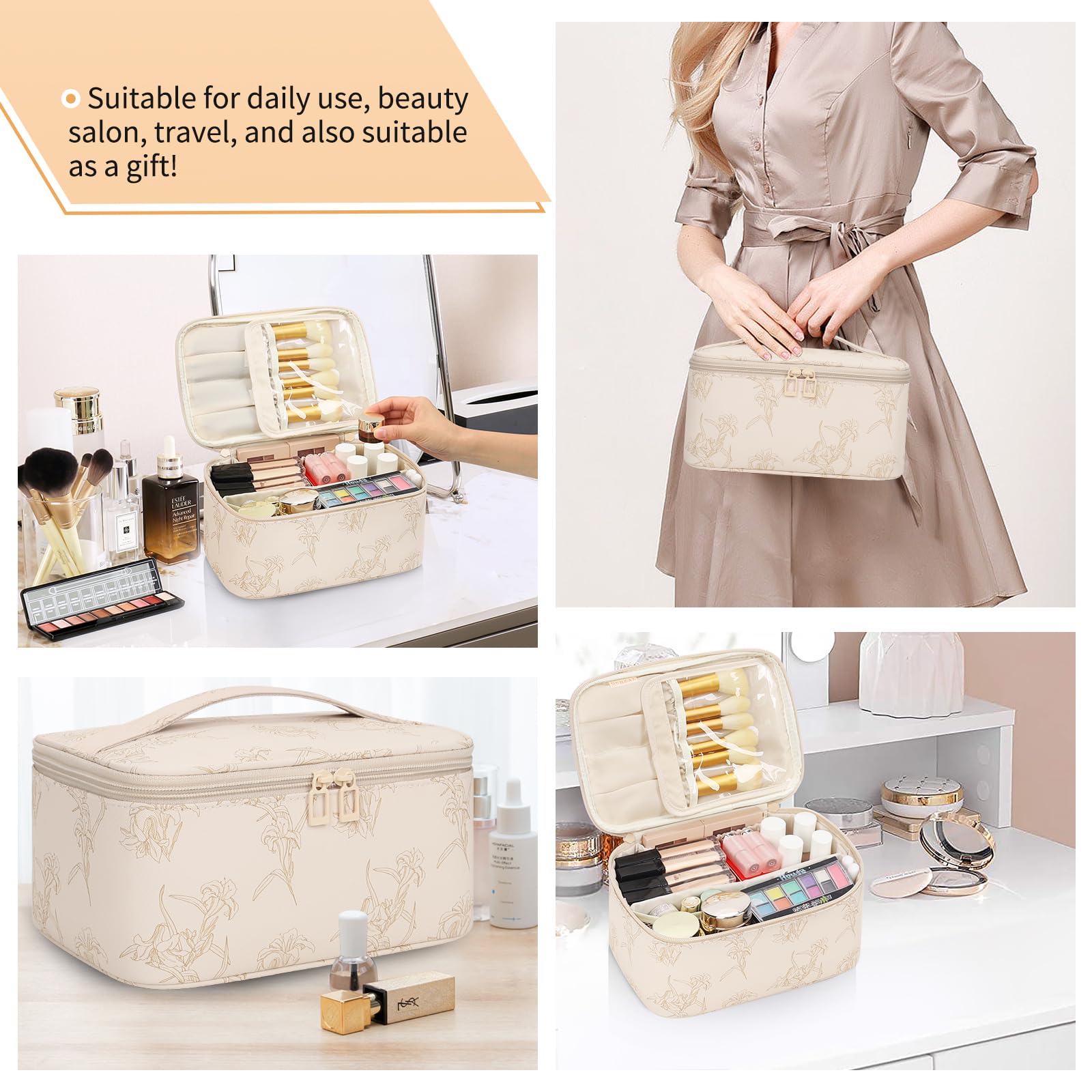 OCHEAL Makeup Bag for Women - Travel Cosmetic Organizer with Brush Slot & Divider, Large Capacity Toiletry Bag for Girls, Travel Makeup Case for everyday Make up Accessories -Beige floral