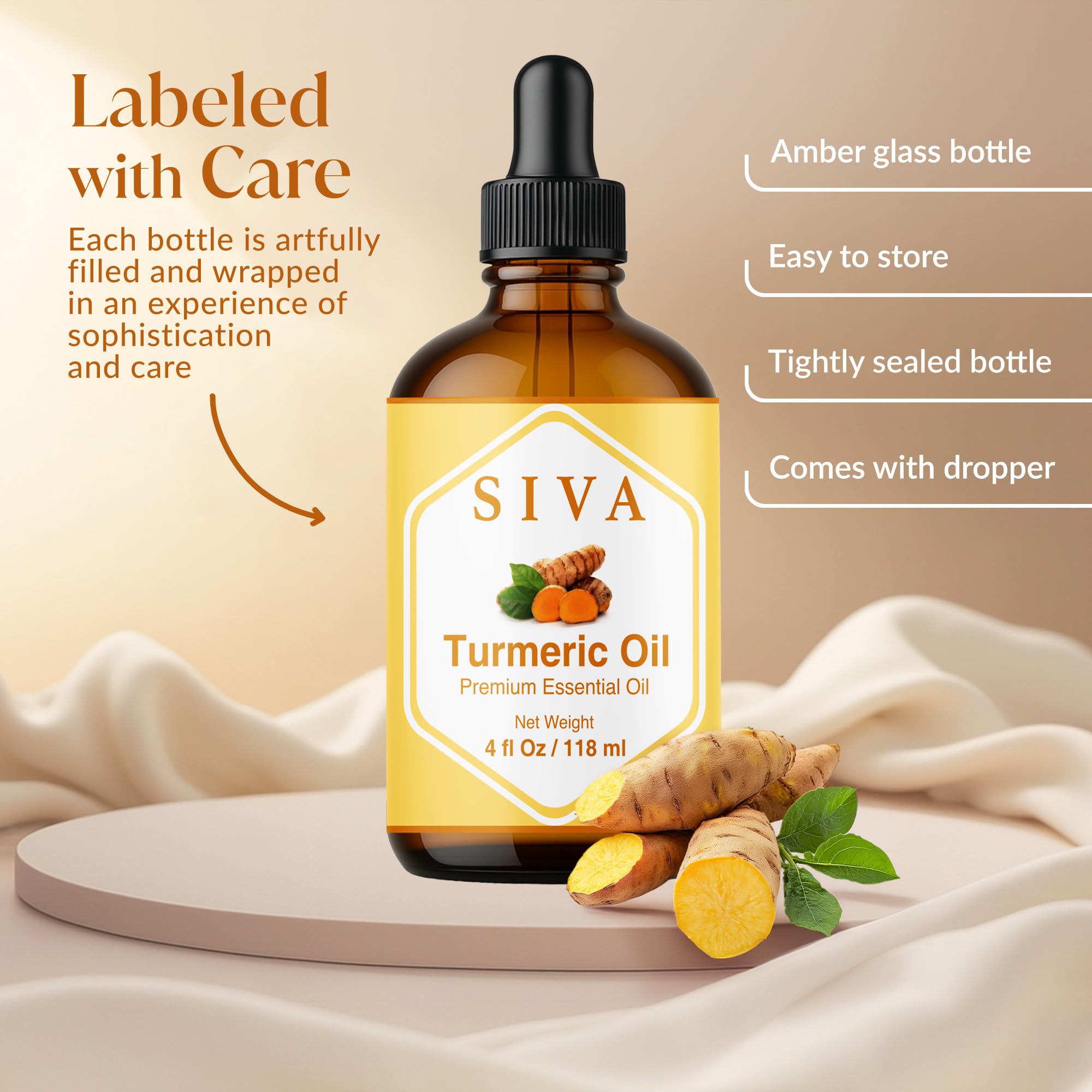 Siva Turmeric Essential Oil 4 Fl Oz – for Diffuser, Skin & Hair Care – Ideal for Massage & DIY Blends- with Dropper