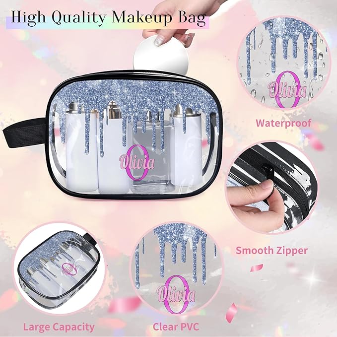 KFNHN Custom Travel Clear Cosmetic Bag with Name, Personalized Large Capacity Weekend PVC Transparent Toiletry Bag Portable Bathroom Makeup Organizer, Grey Blue Water Fluid Shape Glittering