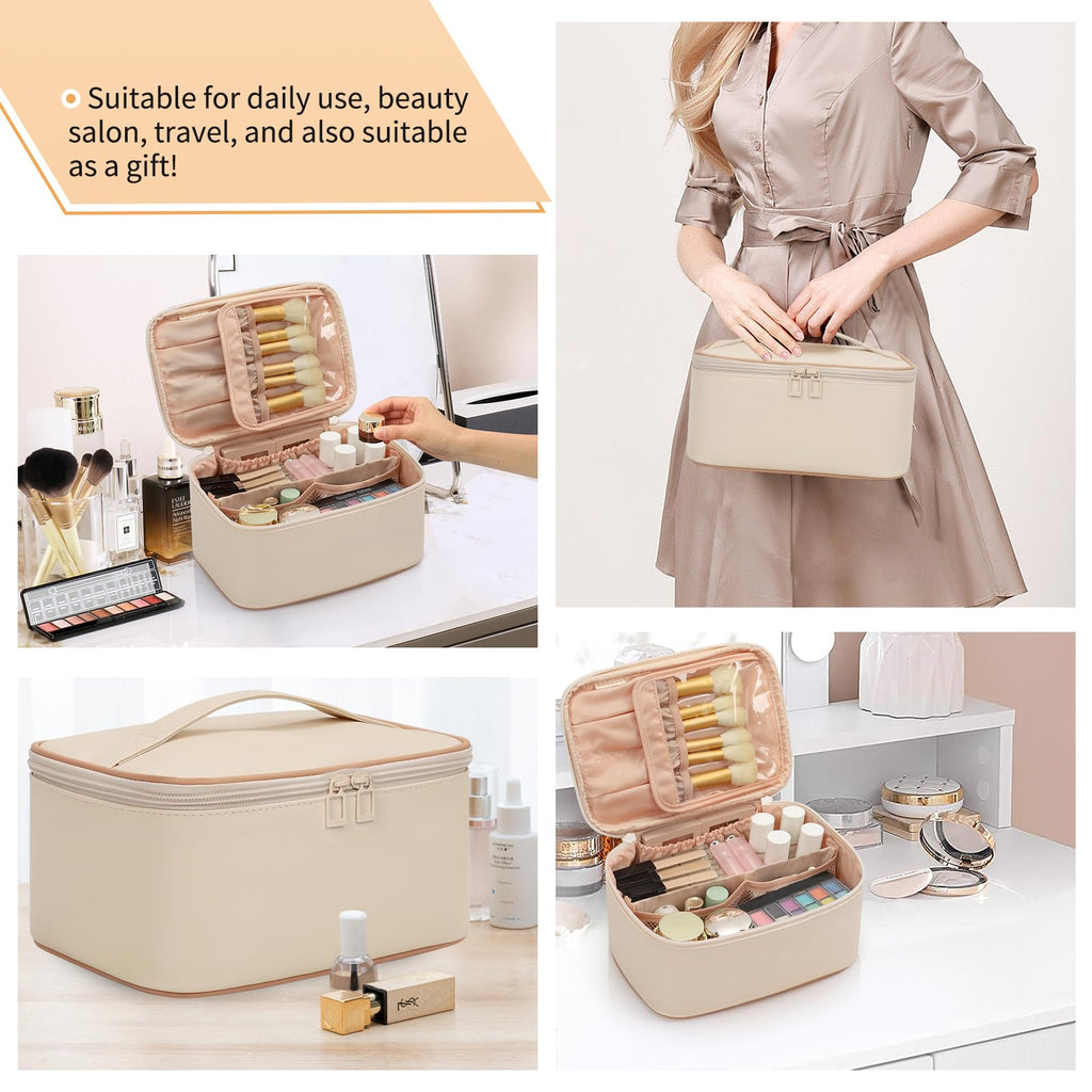 OCHEAL Beige Makeup Bag,Travel Makeup Organizer Bag, Large Capacity Cosmetic Bags For Women Large Travel Toiletry Bag Girls Traveling With Brush Slot And Divider-White