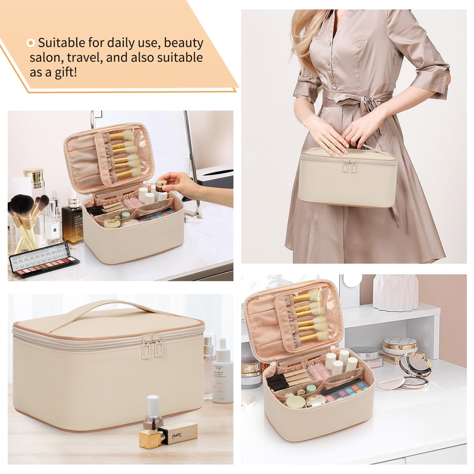 OCHEAL Beige Makeup Bag,Travel Makeup Organizer Bag, Large Capacity Cosmetic Bags For Women Large Travel Toiletry Bag Girls Traveling With Brush Slot And Divider-White