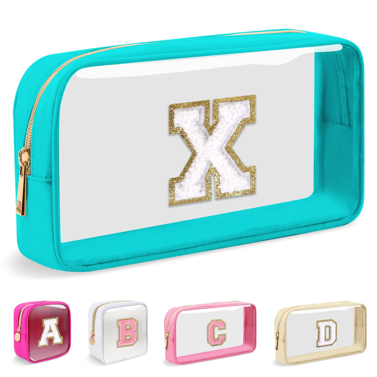 Small Clear Personalized Initial Makeup Bag, Preppy A-Z Chenille Letter Patch Cosmetic Bag, Cute Transparent Nylon Waterproof Zipper Beach Varsity Letter Pouch, Gift for Women Girls(Pink-Pink X)