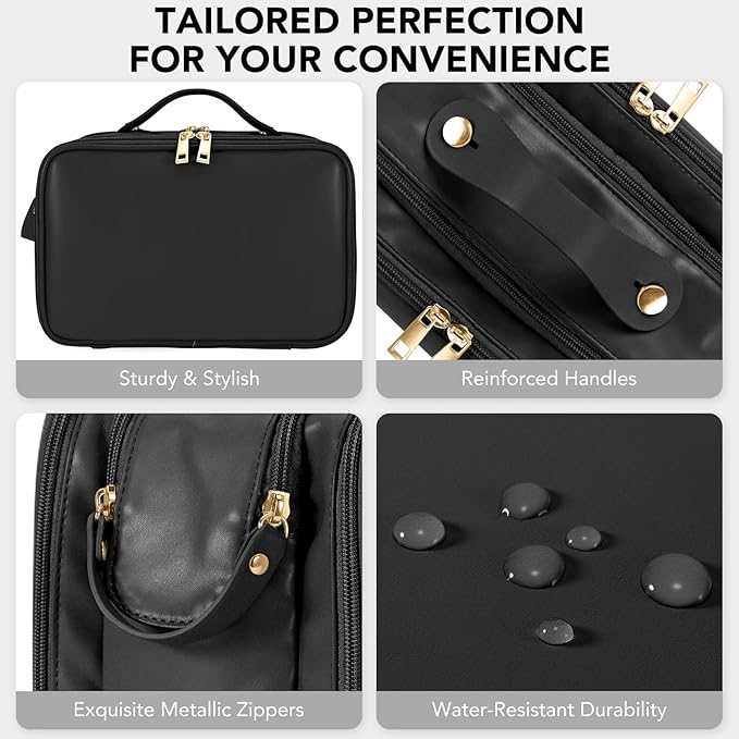Travel Makeup Bag Women's Large Capacity Cosmetic Portable Organizer Large Opening Waterproof Storage Toiletry Bags Vertical Free-Standing Brush Holder for Easy Access Black