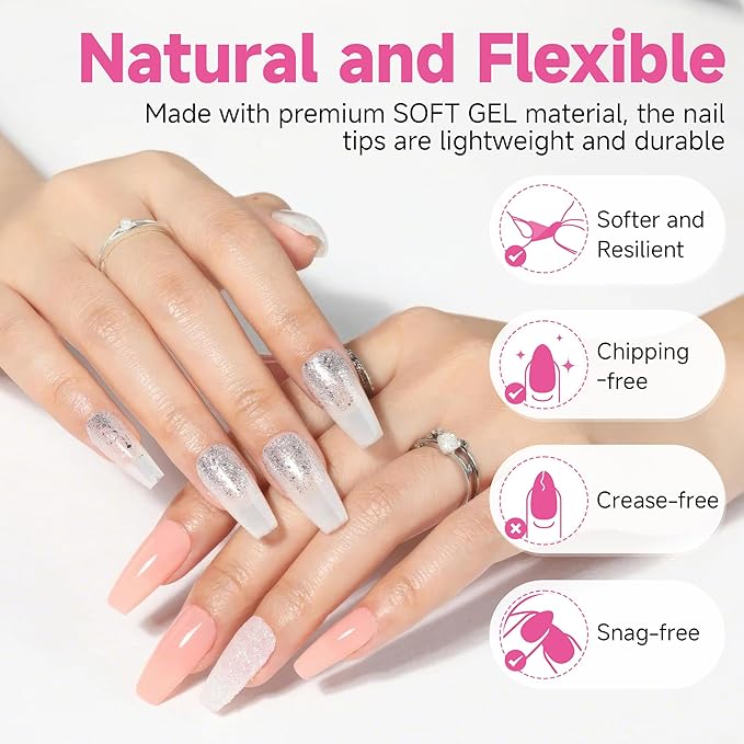 UNA GELLA Medium Coffin Nails Tips 312Pcs Pre-Etched Gel Nail Tips Coffin Press On Nails Clear Full Cover for Nail Extensions & DIY Art Salon at Home, Long Lasting 12 Sizes