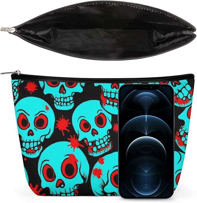 Meaudiwes Women's Fashion Zipper Cosmetic Case, Portable Makeup Case, Personality Toiletry Bag, Travel Cosmetic Toiletry Bag Halloween Cool Red Blood Zombie Skull