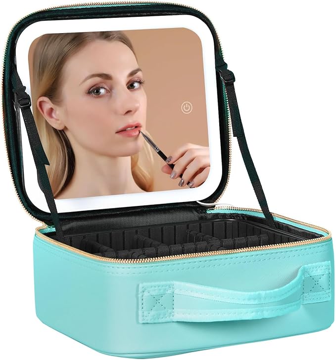 Behaesty Travel Makeup Bag with LED Lighted Mirror, Cosmetic Makeup Organizer Bag with 3 Color Setting, Makeup Train Case with Adjustable Dividers for Women Makeup Brushes Jewelry Accessories