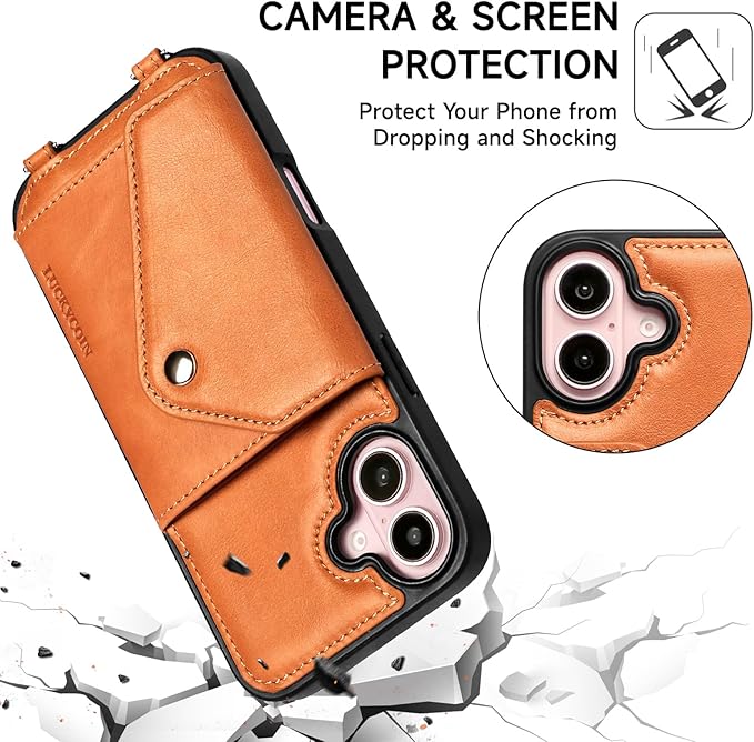 LUCKYCOIN Crossbody Phone Case for iPhone 16 Plus,100% Genuine Leather Phone Wallet Case for Women, Premium Hands-Free Phone Purse with Expandable Flip Card Holder & Adjustable Strap - Retro Brown