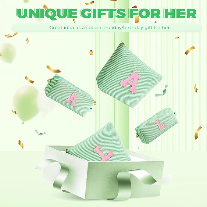 Makeup Bag Set Initials Cosmetic Bag,Gifts for 10 11 12 13 14 15 16 17 18 Years Old Girl Girlfriend Teen Girls Gift Trendy Stuff Personalized Toiletry Bag Travel - Green,A