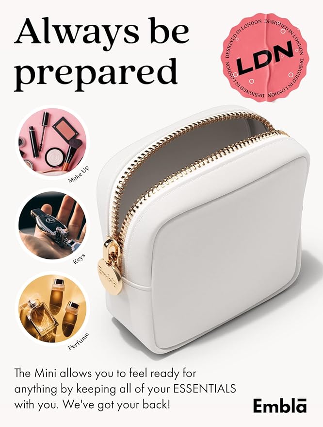 Embla Small Makeup Bag for Purse, Mini Waterproof Nylon Cosmetic Pouch, Durable and Lightweight Travel Toiletry Bag with Smooth Zipper, White