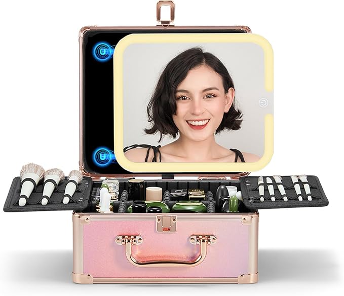 OMIRO Makeup Case, Makeup Bag with Light Up Mirror Set, Makeup Organizer Bag with Magnet Makeup Mirror for Women (Glitter Pink)