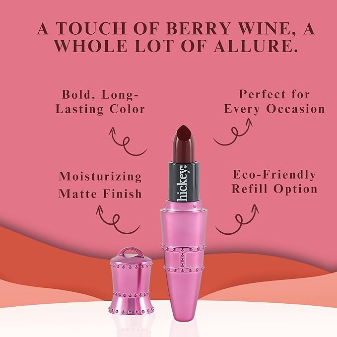 Hickey Refillable Pendant Lipstick, Big Trouble[Berry Wine] – Wearable Satin Lip Color on a Chain, Refillable Clean Beauty, Full Lipstick Included