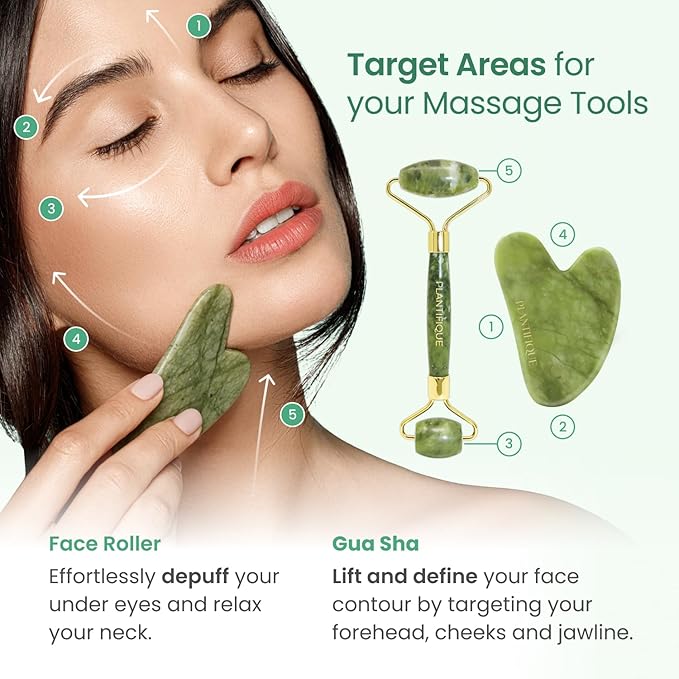 PLANTIFIQUE Jade Roller & Gua Sha Facial Tool Set, Certified Face Massager