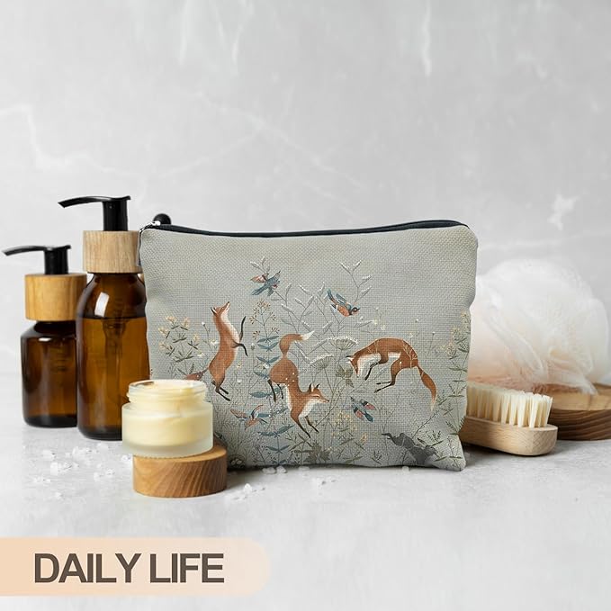 RYYCDOI Fox Gifts for Women, Fox Wildflowers Makeup Bag, Forest Fox Cottagecore Cosmetic Bags Toiletry Bag for Women, Animal Lover Gifts