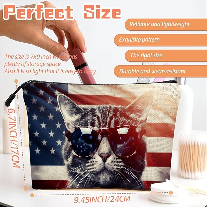 Scribesense Cosmetic Bags Travel Makeup Toilet Case Waterproof Pouch for Women Girls 6.7X9.45inches - Cat Wearing Sunglasses With Flag Reflections in The Lenses