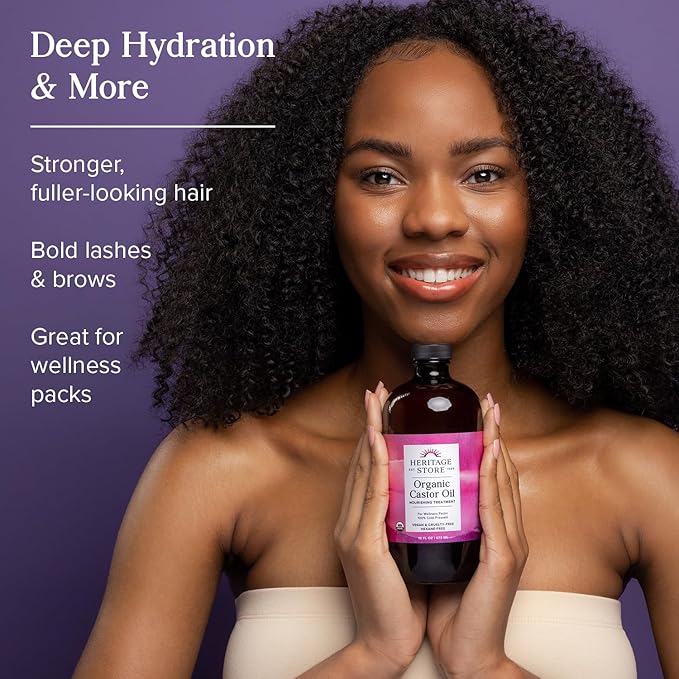 HERITAGE STORE Organic Castor Oil - Glass Bottle - Nourishing Treatment for Hair and Skin - Eyelash Serum for Eyelashes, Brows, Castor Oil Packs - Cold Pressed, Hexane Free, Vegan 16oz