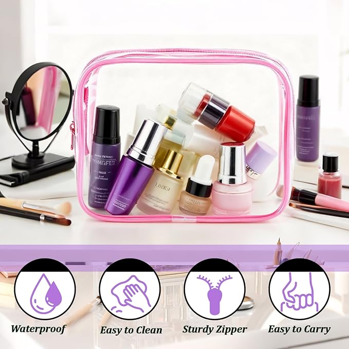 YOQIVEXU 6 Pieces Clear Makeup Bags Bulk, TSA Approved Toiletry Bag Clear Cosmetic Toiletries Pouch with Zipper, Waterproof Vinyl Plastic Organizer Case for for Women Carry-on Travel Essentials