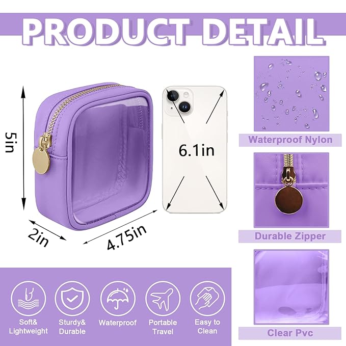 UIXIZQ Clear Mini Makeup Bag for Purse, Small Nylon&PVC Cosmetic Travel Bag TSA Approved Toiletry Bag with Zipper, Preppy Transparent Makeup Travel Bag Coin Purse for Women Men Girls(Mini-Purple)