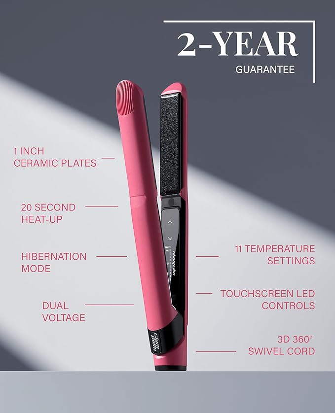GLAMPALM GlamMuse 1" | All-Ceramic Flat Iron Infused with Vita-C, Salon Results with Less Heat Damage, Trusted by K-Pop Hair Stylists, Dual Voltage Hair Straightener, Silk Press | GP201T