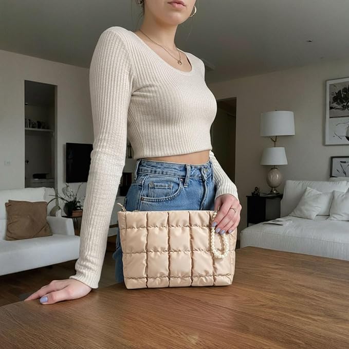 Beayuva Puffer Quilted Makeup Bag Travel Cosmetic Bag Portable Puffy Checkered Toiletry Pouch Skincare Organizer Purse Pencil Case (Champagne Gold)