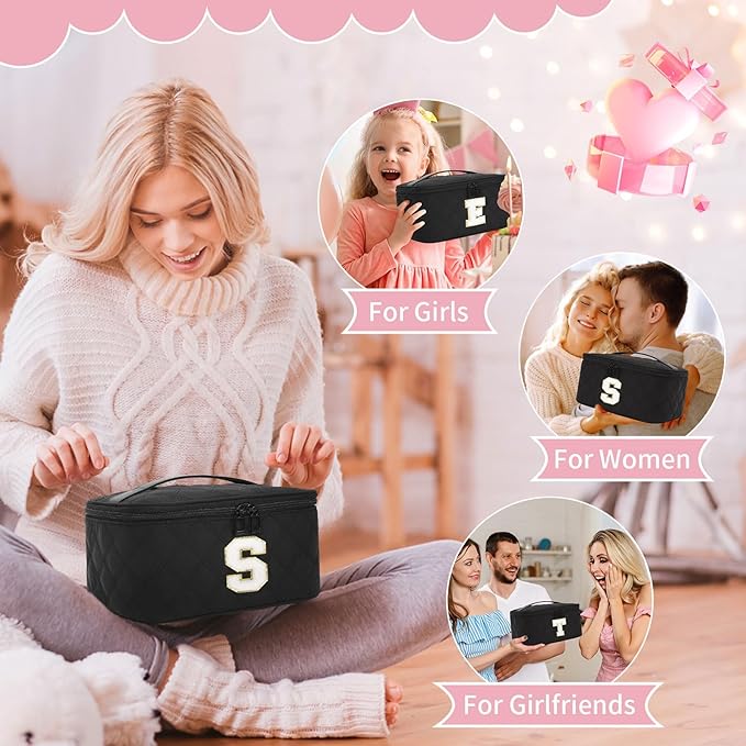 OCHEAL Makeup Bag for Women, Monogram Cosmetic Bag Black Travel Makeup Case Beauty Toiletry Bag Organizer Personalized Gifts for Girls Bridesmaid, Sister, Wife, Friends Initial S