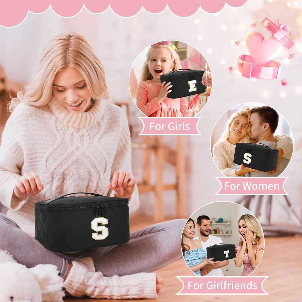 OCHEAL Makeup Bag for Women, Monogram Cosmetic Bag Black Travel Makeup Case Beauty Toiletry Bag Organizer Personalized Gifts for Girls Bridesmaid, Sister, Wife, Friends Initial S