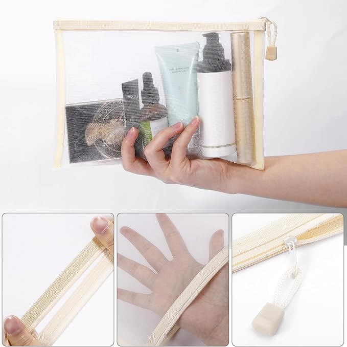 Sinzip 12 Pieces Zipper Nylon Mesh Pouch, Mesh Cosmetic Bags Makeup Bags Pencil Case, Multipurpose Travel Bags for Cosmetic School Office Supplies and Travel Accessories (Beige, Assorted Sizes)