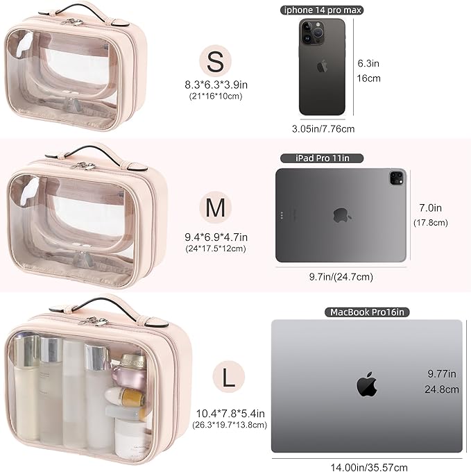 Veki TSA Approved Toiletry Bag Transparent Makeup Bags, Medium Pink