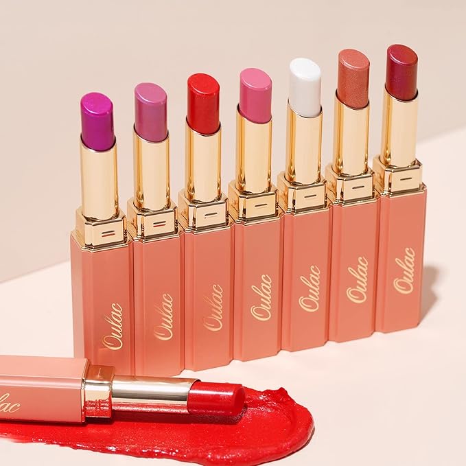 Oulac Red Lipstick for Women, Moisturizing Lipsticks Glass Shine Lipstick with Shimmer, Hydrating Tinted Lip Balm, Juicy Lip Color for Dry, Cracked and Chapped Lips, Vegan S06