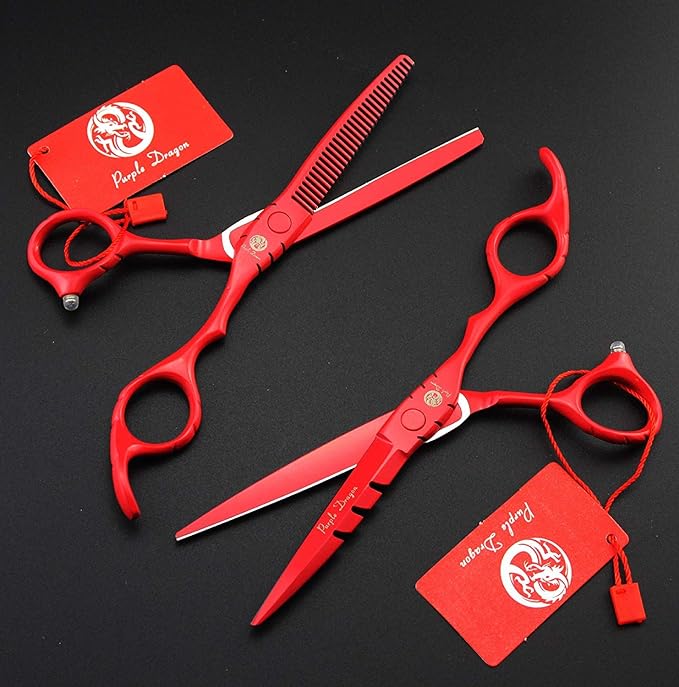 Purple Dragon 6 inch Hair Cutting Scissors Set with Bag for Barbers - Red