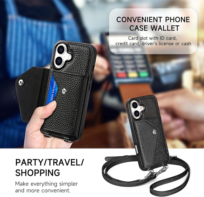 LUCKYCOIN Crossbody Phone Case for iPhone 17,100% Genuine Leather Phone Wallet Case for Women, Fashion Premium Hands-Free Phone Purse with Expandable Flip Card Holder & Adjustable Strap - Pebble Black