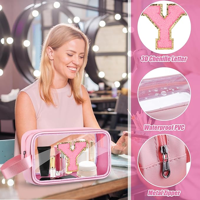 Vodolo Initial Makeup Bag,Letter Y Cute Clear Monogrammed Cosmetic Travel Bag for Womens Girls,Personalized Pink Aesthetic Traveling Make Up Organizer Bag for Beach,Waterproof Toiletry Bag