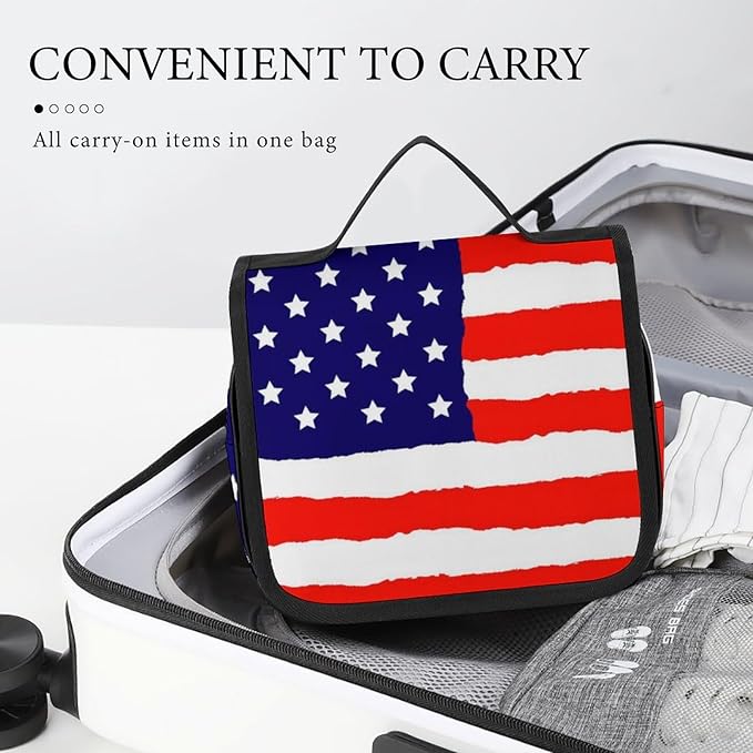 CWECVWE Travel Toiletry Bag, Portable Makeup Bag with Hanging Hook, Hanging Organizer for Women Men Shampoo, Conditioner, Brushes Set, Red Blue White American Flag