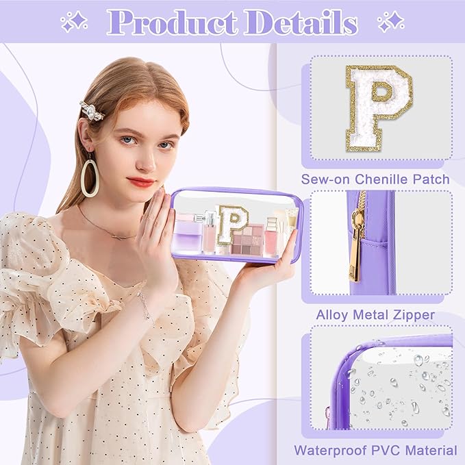 Personalized Initial Letter Clear Makeup Bag,Preppy Small Nylon&PVC Cosmetic Zipper Bag with Chenille Letter,Travel Skincare Toiletry Bag,Monogram Christmas Gift for Teen Girls Women,P