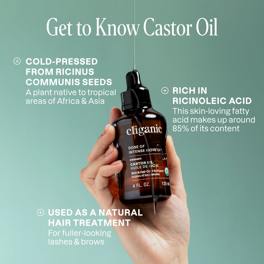 Cliganic Organic Castor Oil, 100% Pure (2oz Glass Bottle with Eyelash Kit) - For Eyelashes, Eyebrows, Hair & Skin (Packaging May Vary)