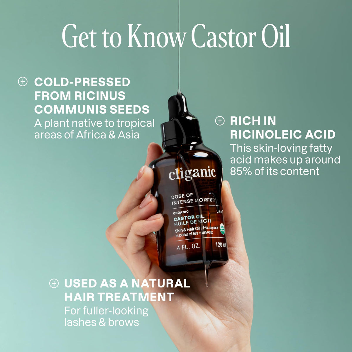 Cliganic Castor Oil Organic Cold Pressed for Eyelashes, Eyebrows, Skin 32oz