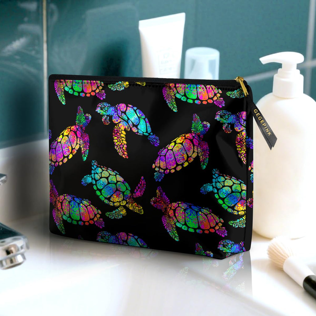 GEGEPINK Cute Makeup Bag for Purse Waterproof Cosmetic Bags for Women Funny Smooth Zipper Travel Toiletry Pouch 10X8 Inches-Rainbow Turtle Makeup pouch