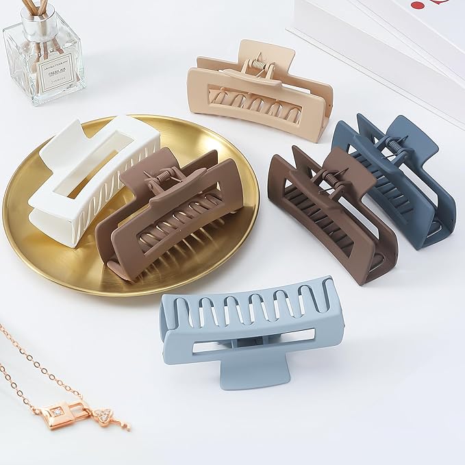 Sisiaipu 4 Inch Big Hair Claw Clips 6 Pcs Large Claw for Thick Hair Square Hair Clips for Women Rectangle Hair Clips Nonslip Acrylic Banana Jaw Clips Hair Accessories for Girls (Brown Blue)