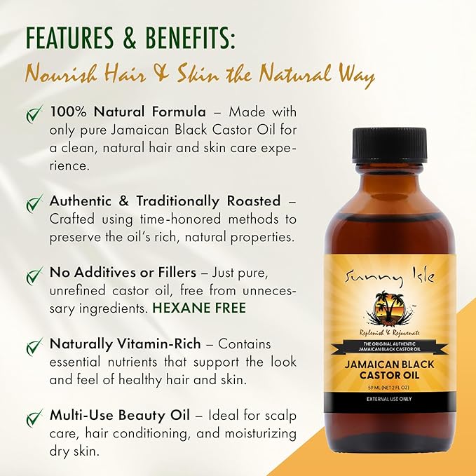 Sunny Isle Jamaican Black Castor Oil 2oz, Original Authentic Moisturizing JBCO for Hair Growth, Scalp Care, Edges, Eyebrows & Eyelashes, Conditioning for Dry Skin, Unscented