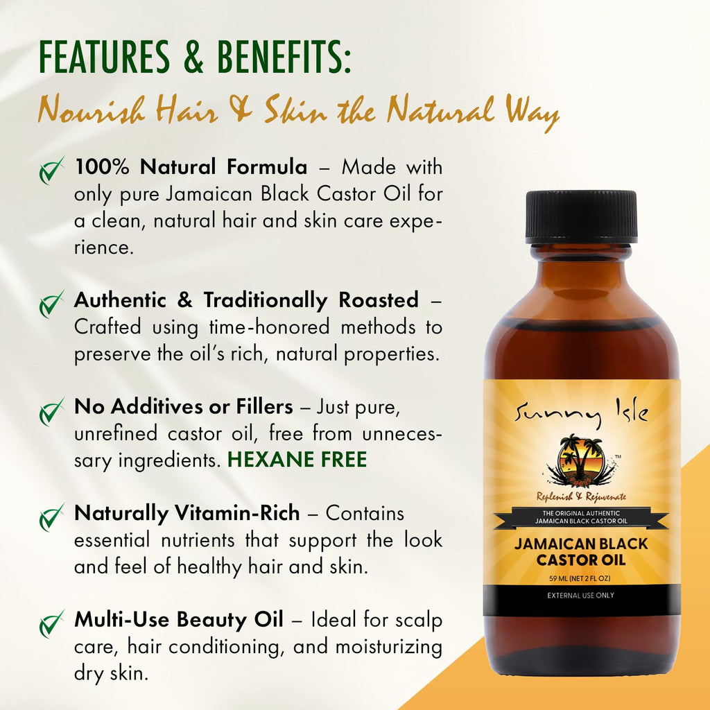 Sunny Isle Jamaican Black Castor Oil 2oz, Original Authentic Moisturizing JBCO for Hair Growth, Scalp Care, Edges, Eyebrows & Eyelashes, Conditioning for Dry Skin, Unscented