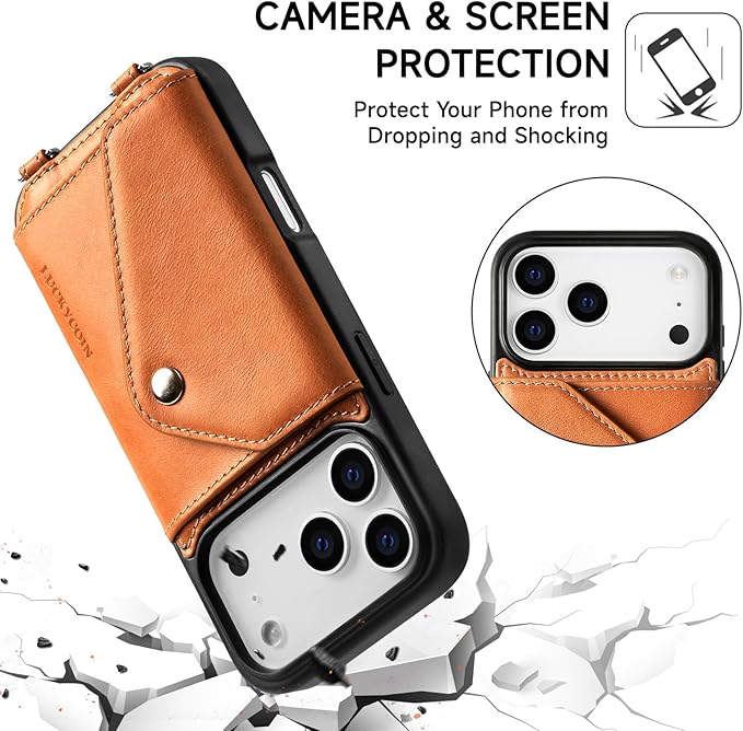 LUCKYCOIN Crossbody Phone Case for iPhone 17 Pro,100% Genuine Leather Phone Wallet Case for Women, Premium Hands-Free Phone Purse with Expandable Flip Card Holder & Adjustable Strap - Retro Brown