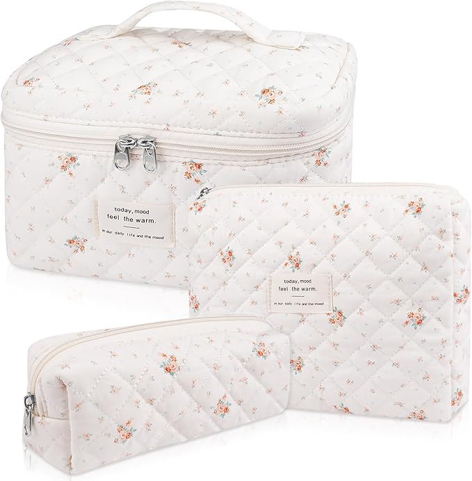 Gosect Makeup Bag Set, Quilted Makeup Bag, Large Floral Cosmetic Bag for Women, Cute Cotton Makeup Bags, Flower Travel Toiletry Organizer Bag (Rose Plaid Pattern)
